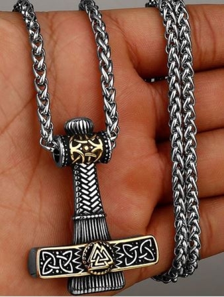 Halskette - Thors Hammer - mit Valknut - silber/gold