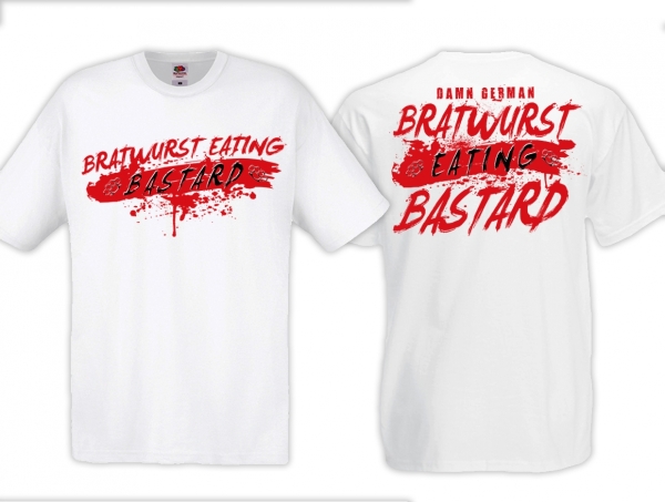 Frauen T-Shirt - Bratwurst eating Bastard - weiss/rot